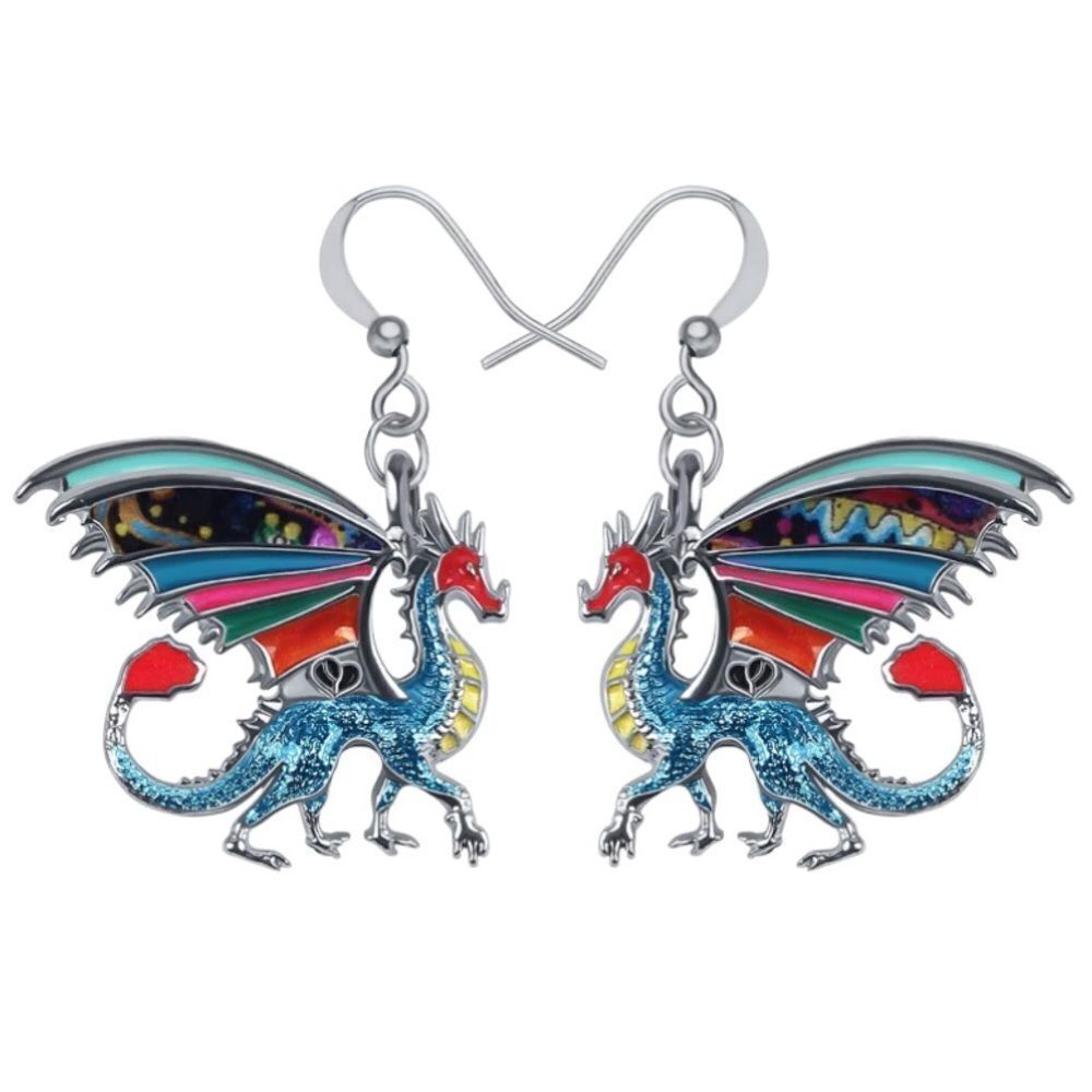 Silver and Multicolor Enamel Mythical Dragon Dangling French Wire Hook Earrings